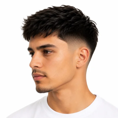 Hispanic man with a low taper fade and straight hair