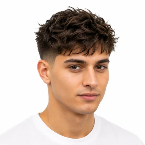 Man with a wavy-inspired style and low taper fade on straight hair