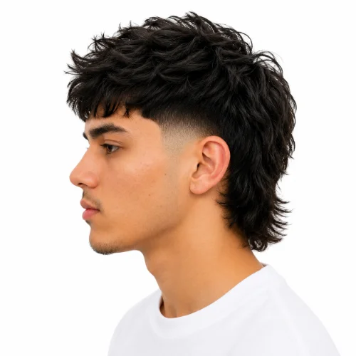 Man with a modern mullet and low taper fade on straight hair