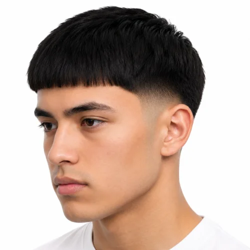 Man with an Edgar haircut and low taper fade on straight hair