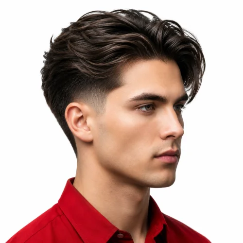 Man with thick straight hair and a low taper fade