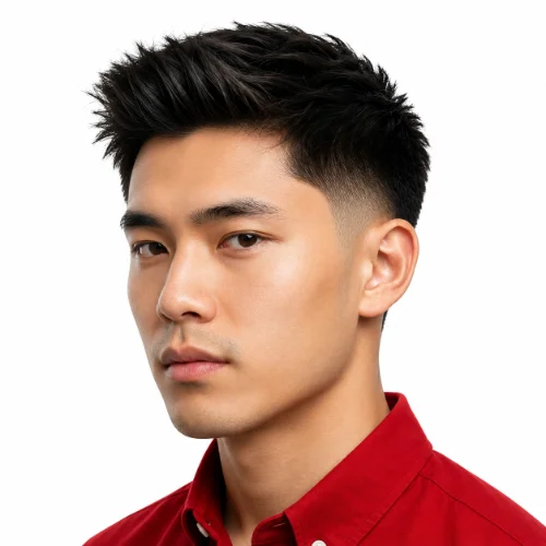 Man with a brush up hairstyle and low taper fade on straight hair