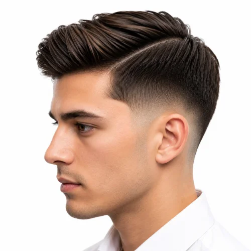 Man with a side part and low taper fade on straight hair