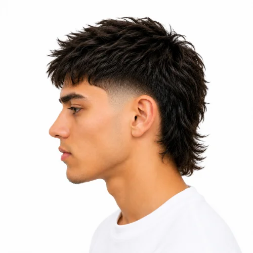 Man with a classic low taper fade modern mullet haircut featuring clean faded sides and a natural back on a white background.