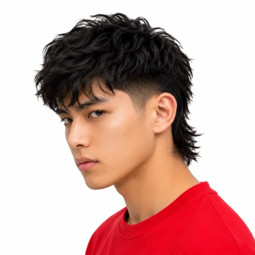 Man with a textured modern mullet and low taper fade featuring layered volume on top.