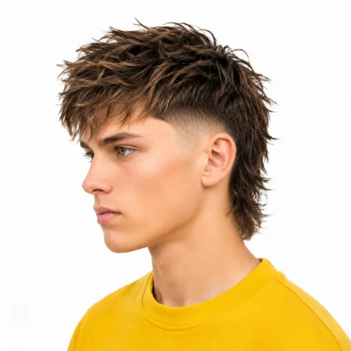 Man with a messy low taper fade modern mullet hairstyle and textured layers on a white background.