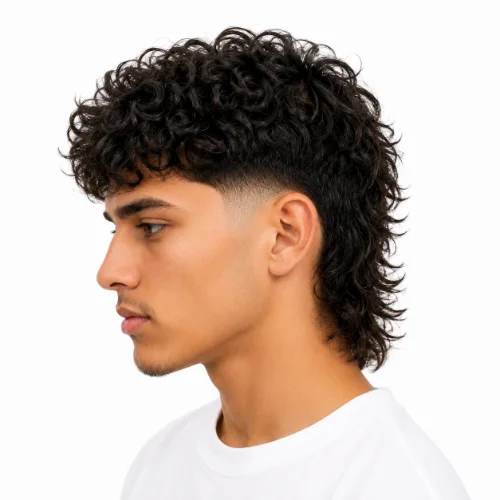 Man with curly hair styled into a low taper fade modern mullet on a white background.