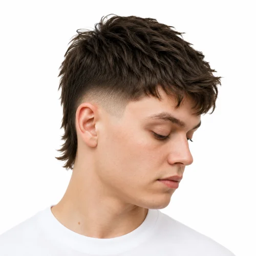 Man with straight hair wearing a low taper fade modern mullet hairstyle on a white background.