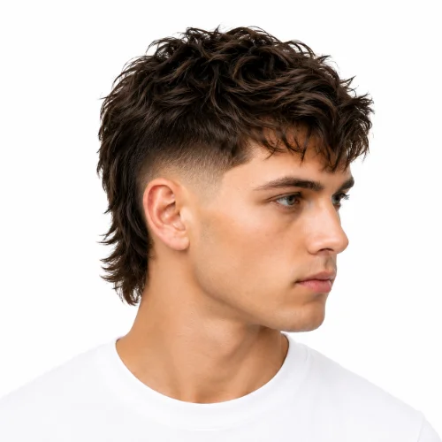 Man with naturally wavy hair styled into a low taper fade modern mullet.