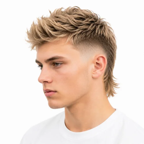 Blonde modern mullet with a low taper fade and textured hairstyle on a white background.