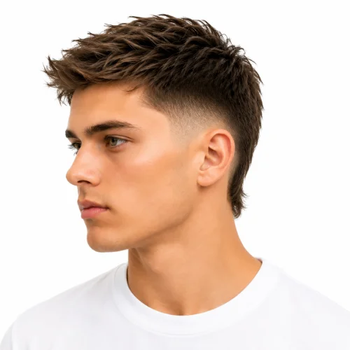 Man with a short low taper fade modern mullet haircut on a clean white background.