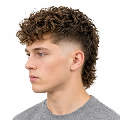 Man with a burst fade low taper fade modern mullet hairstyle on a white background.