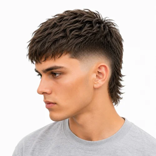 Man with a textured fringe and low taper fade modern mullet hairstyle.