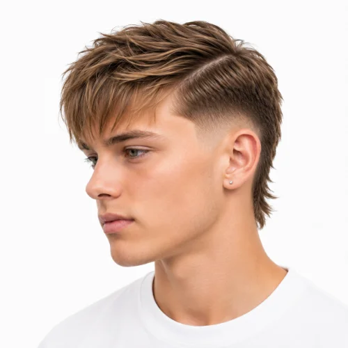 Man with a side part low taper fade modern mullet hairstyle on a white background.