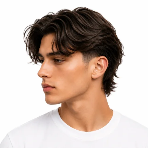 Man with a middle part low taper fade modern mullet hairstyle on a white background.
