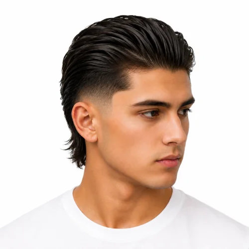 Man with slicked back hair and a low taper fade modern mullet on a white background.