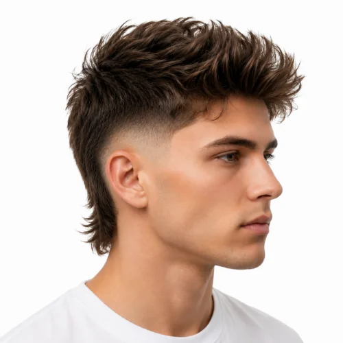 Man with fluffy textured hair and a low taper fade modern mullet hairstyle.