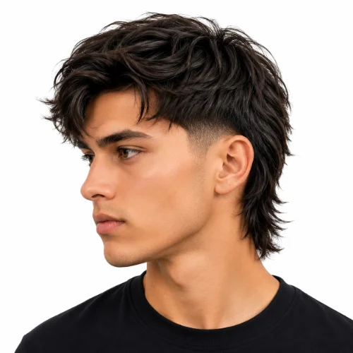 Man with a layered low taper fade modern mullet haircut featuring natural texture.