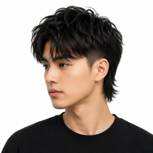Man with a Korean-inspired low taper fade modern mullet hairstyle on a white background.