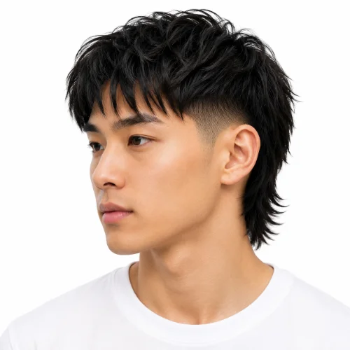 Asian man with a stylish low taper fade modern mullet haircut on a white background.