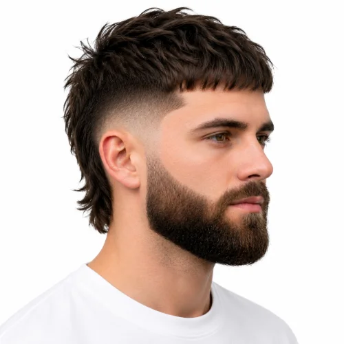Man with a low taper fade modern mullet hairstyle paired with a neatly groomed beard.