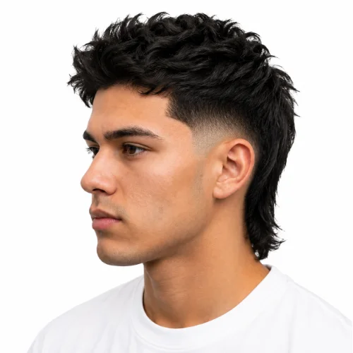 Man with thick hair styled into a low taper fade modern mullet on a white background.