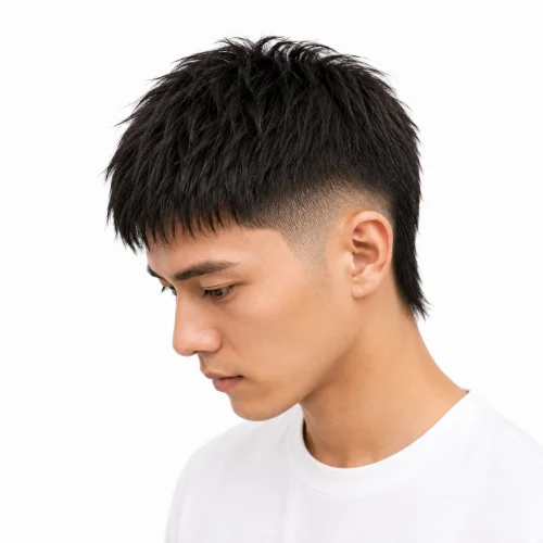 Man with thin hair wearing a low taper fade modern mullet hairstyle on a white background.