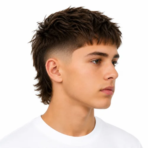Teen boy with a trendy low taper fade modern mullet haircut on a white background.