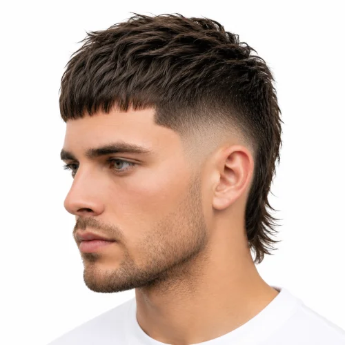 Man with a professional low taper fade modern mullet hairstyle and clean styling.