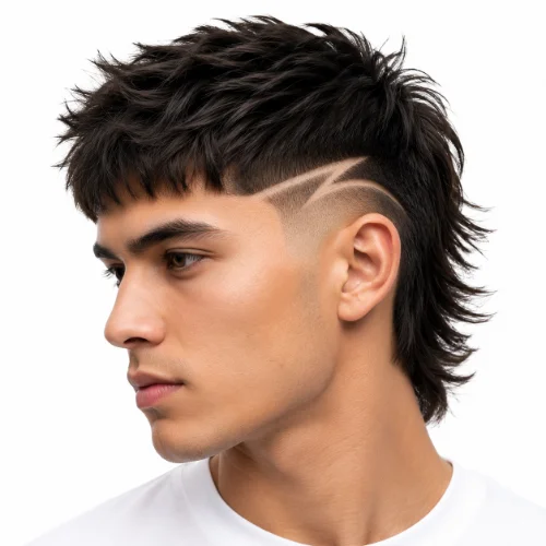 Man with a low taper fade modern mullet featuring a creative shaved hair design.