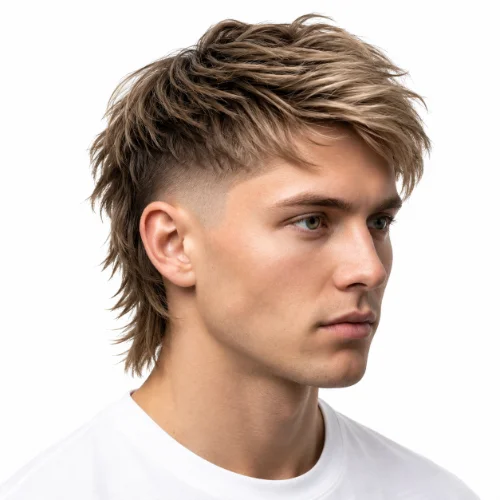 Man with a modern wolf cut and low taper fade mullet hairstyle featuring layered texture on a white background.
