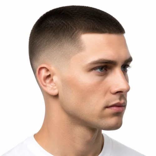 Man with a classic low taper fade buzz cut featuring clean faded sides and an even buzz length