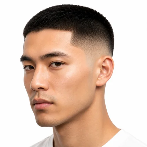 Man with a skin fade low taper fade buzz cut and sharp clean finish