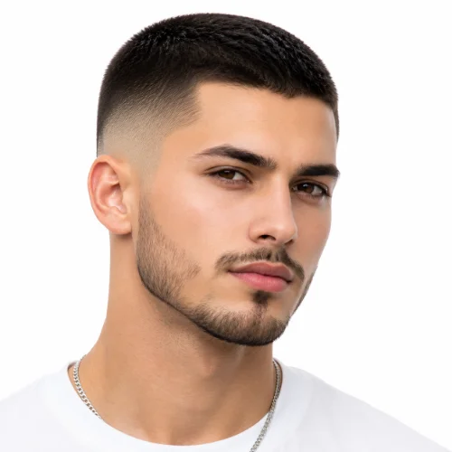 Man with a military-style low taper fade buzz cut