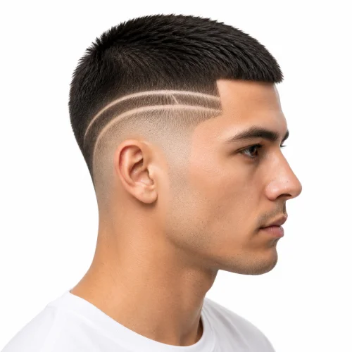 Man with a crew buzz cut and clean low taper fade