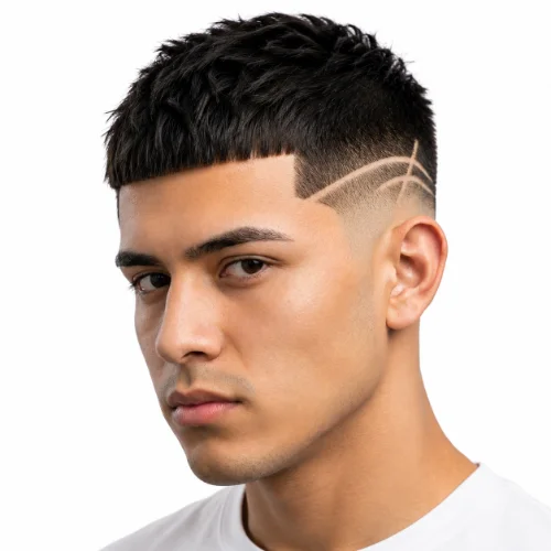Man with a textured low taper fade buzz cut and natural finish
