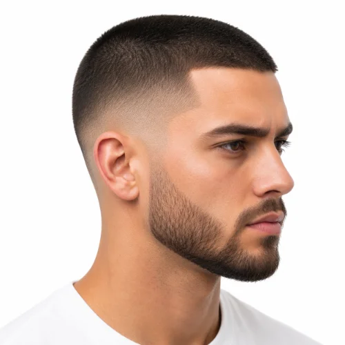 Man with a buzz cut, full beard, and low taper fade
