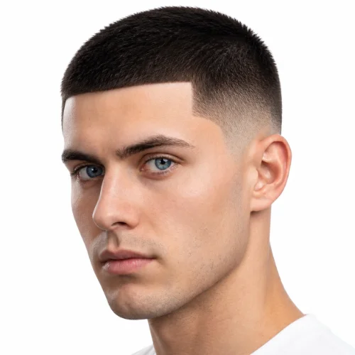 Man with a buzz cut, sharp line up, and low taper fade