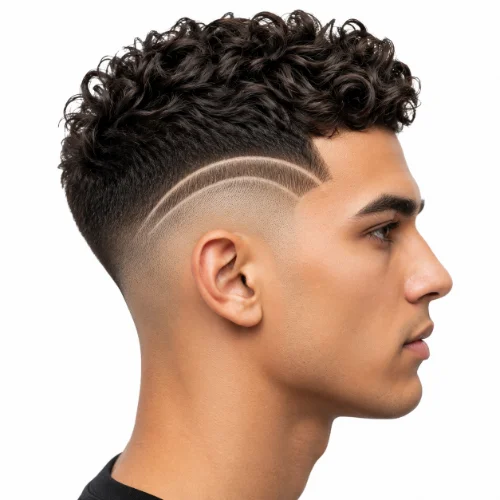 Man with curly hair styled into a low taper fade buzz cut