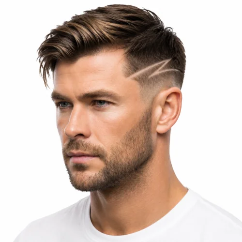 Man with a low taper fade buzz cut featuring a creative shaved hair design