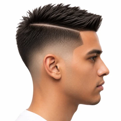 Man with a buzz cut, hard part, and low taper fade