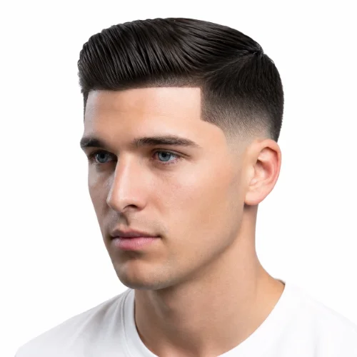 Man with a buzz cut featuring a sharp edge up and clean finish