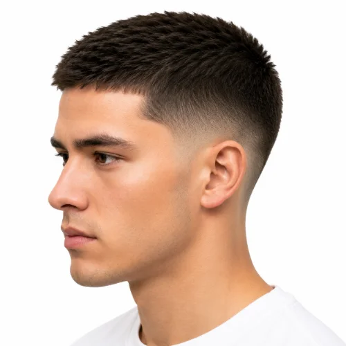 Man with a modern low taper fade buzz cut and sharp styling