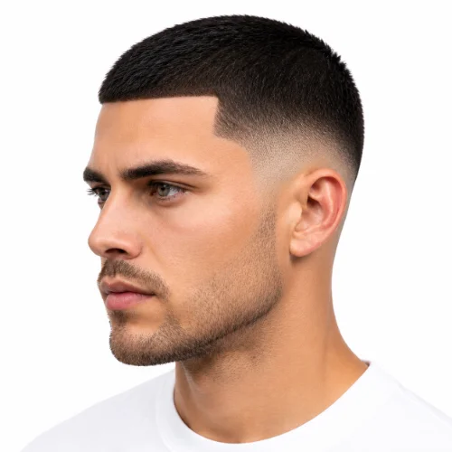 Man with a high contrast low taper fade buzz cut featuring bold fade lines