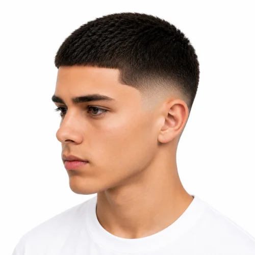 Teen boy with a stylish low taper fade buzz cut