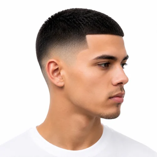 Man with a clean low taper fade buzz cut and neatly blended sides