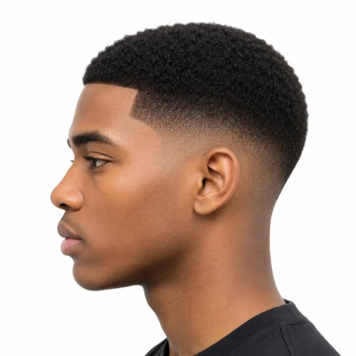Man with a short afro and clean low taper fade