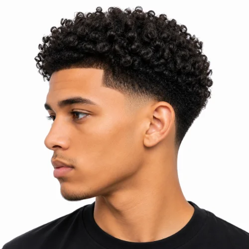 Man with curly afro hair and a low taper fade