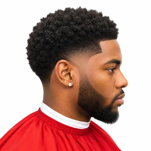 Man with a low taper fade afro and a full beard