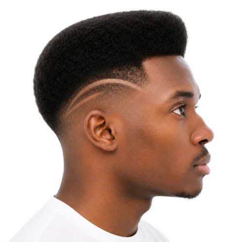 Man with a low taper fade afro featuring a shaved hair design